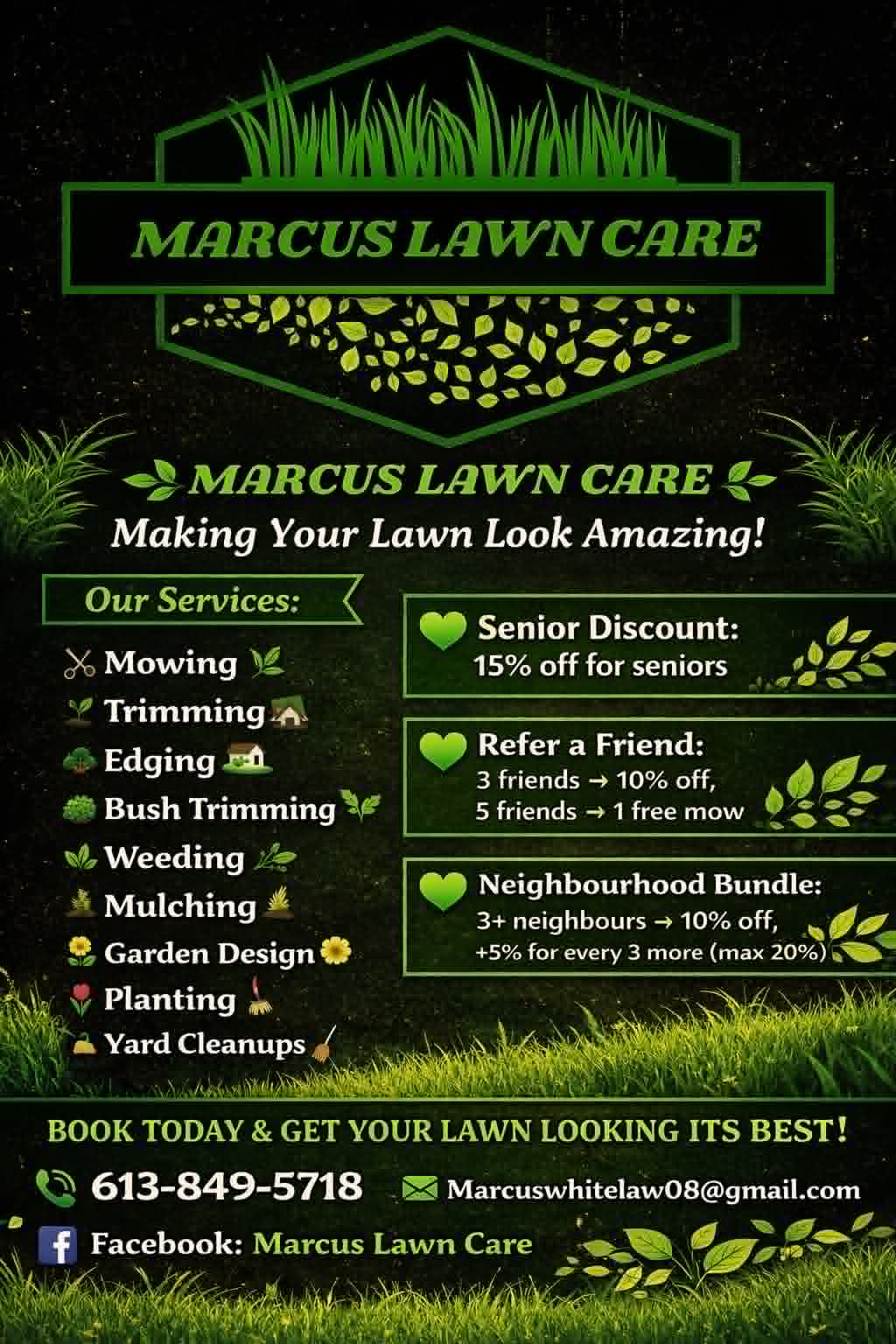 Marcus Lawn Care flyer — Belleville Ontario